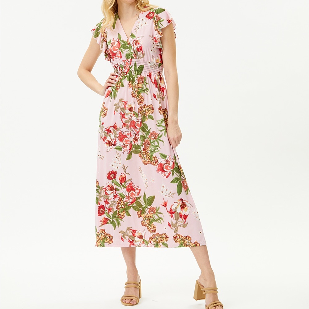 Anna Morgan pink and green Floral Smocked Butterfly-Sleeve Dress 3X NWT